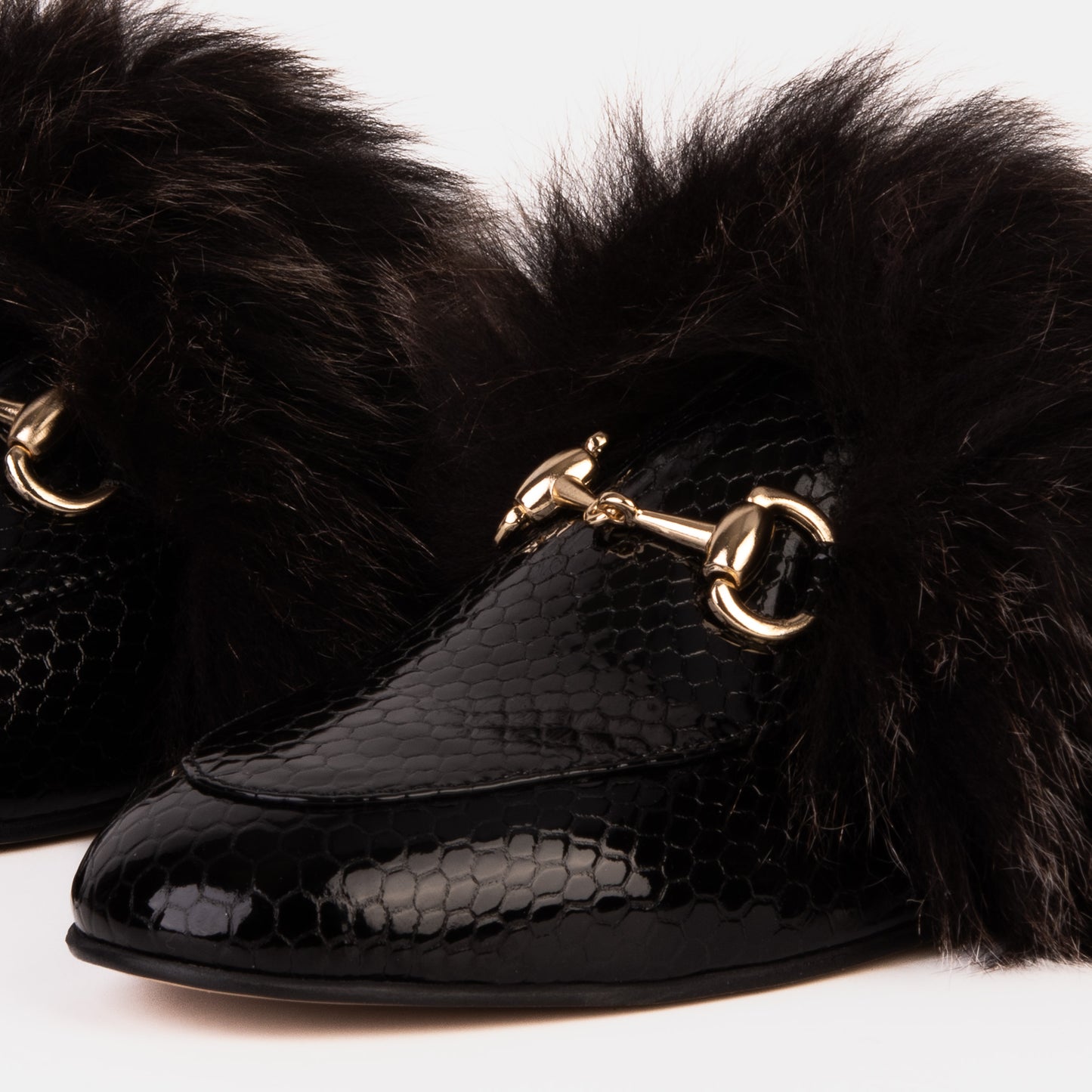 The Izmir Black Patent Leather Natural Fur Women Slipper