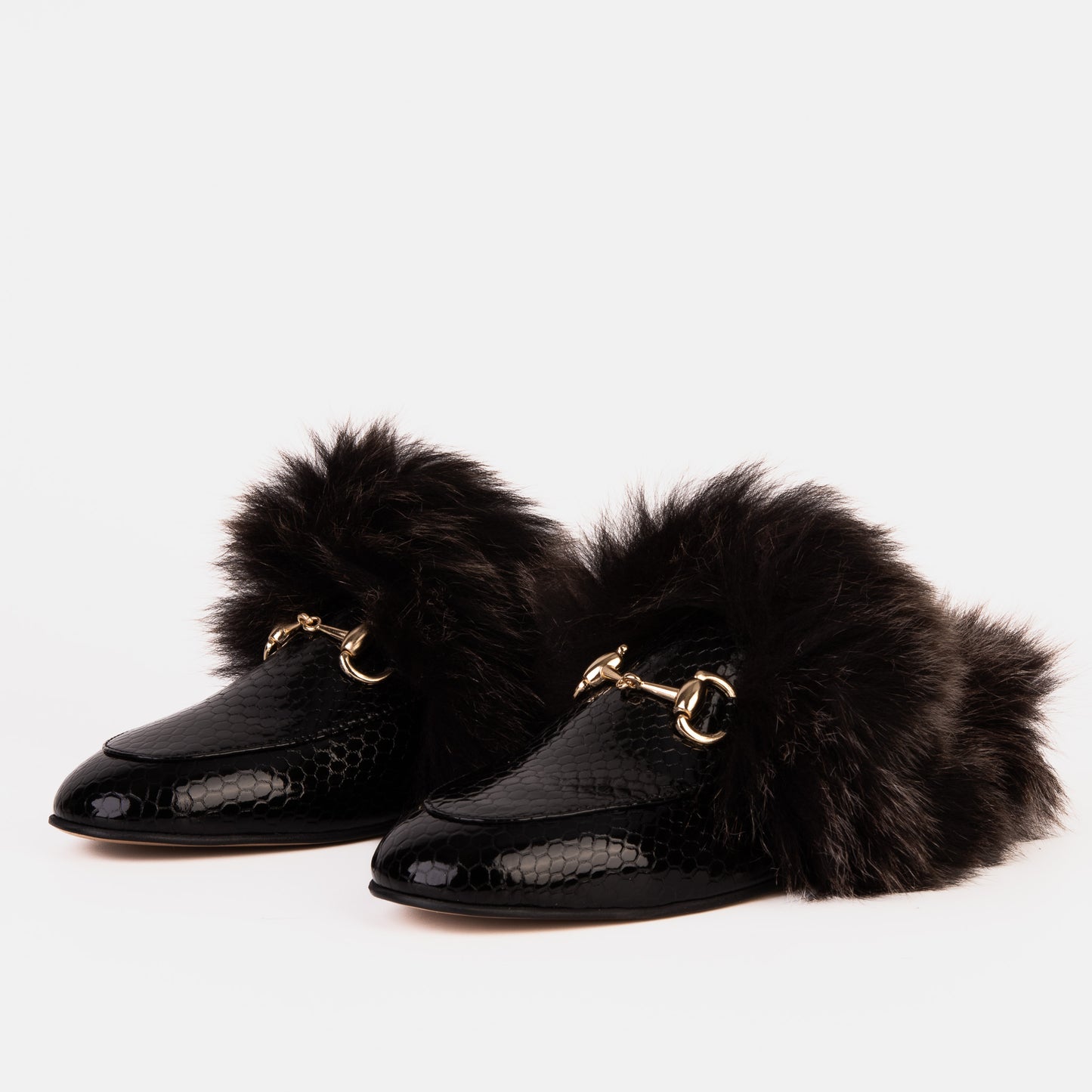 The Izmir Black Patent Leather Natural Fur Women Slipper