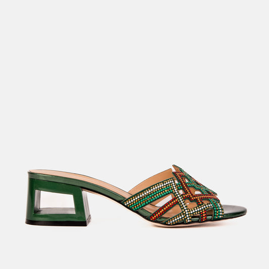 The Palma Green Glitter Leather Block Heel Women Sandal