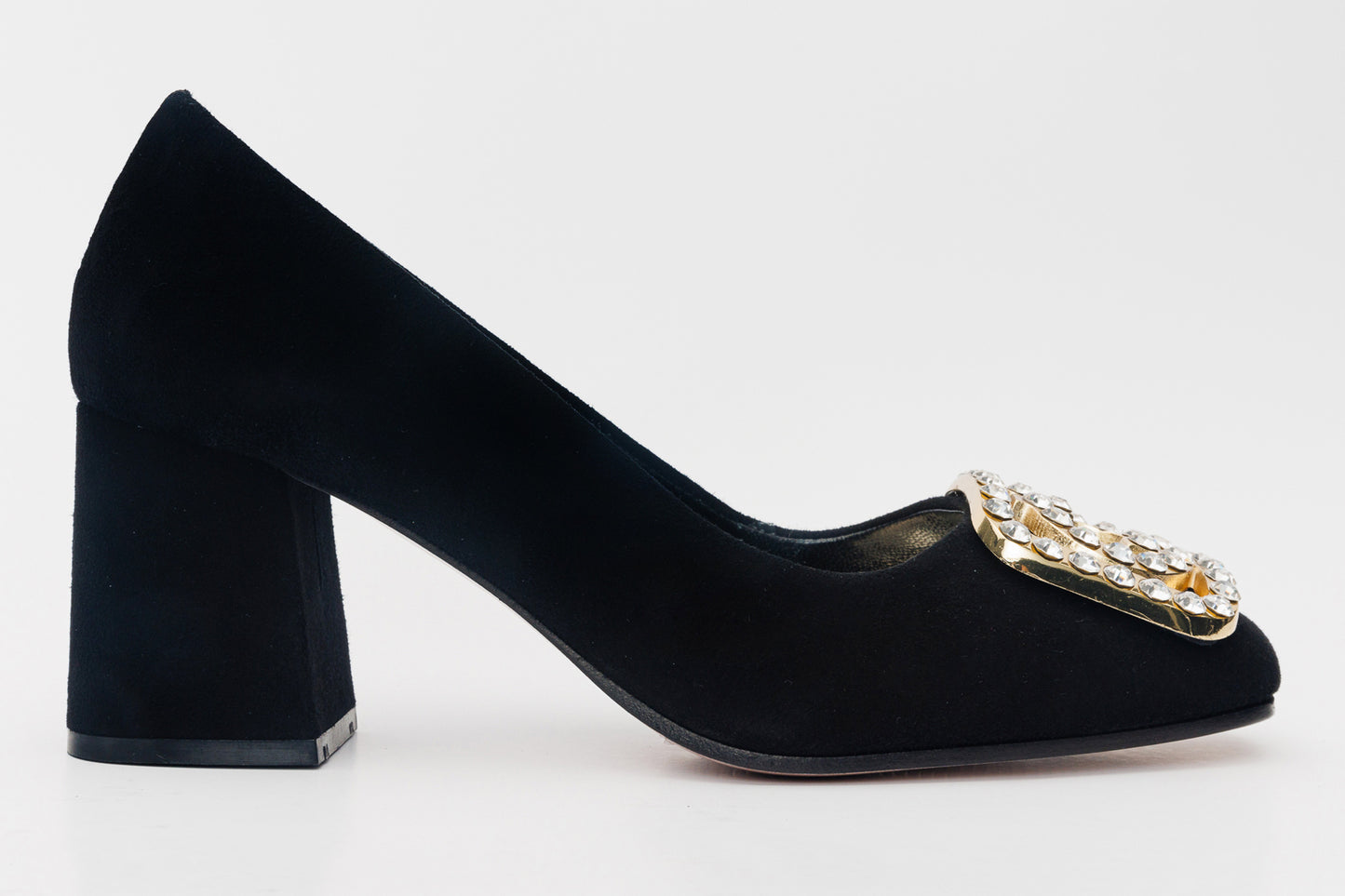 The California Black Suede Leather Block Heel Pump Women Shoe