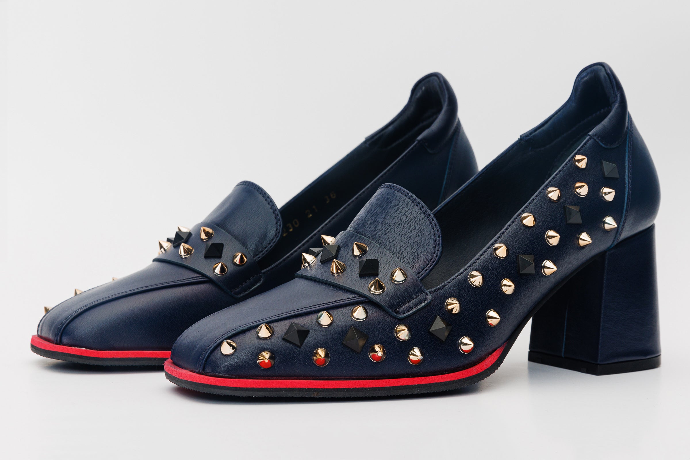 The Infanta Navy Blue Spike Leather Block Heel Pump Women Shoe EU 39 US 9