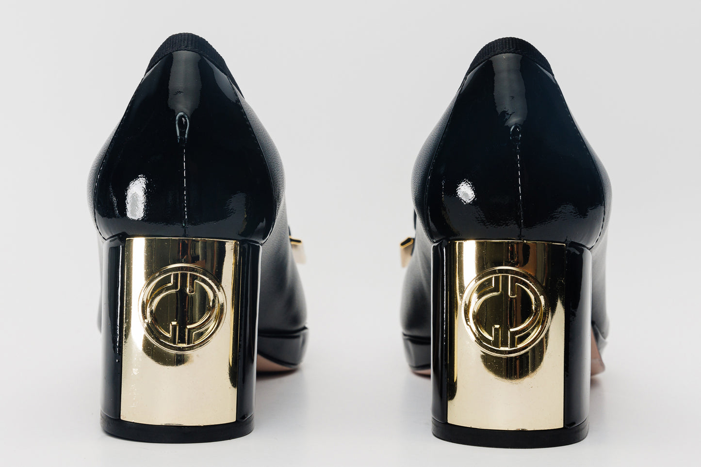 The Fano Black Leather Cap Toe Block Heel Pump Women Shoe