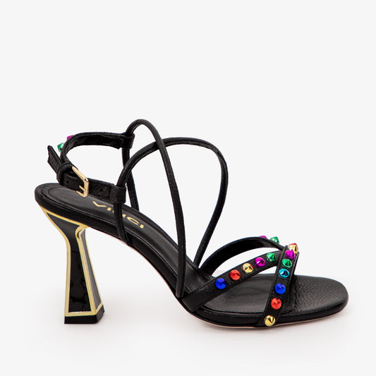 Sandalia de tiras de cuero negro Aurora para mujer