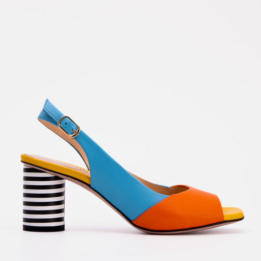 The Spectrum Blue / Orange Block Heel Leather Women Sandal