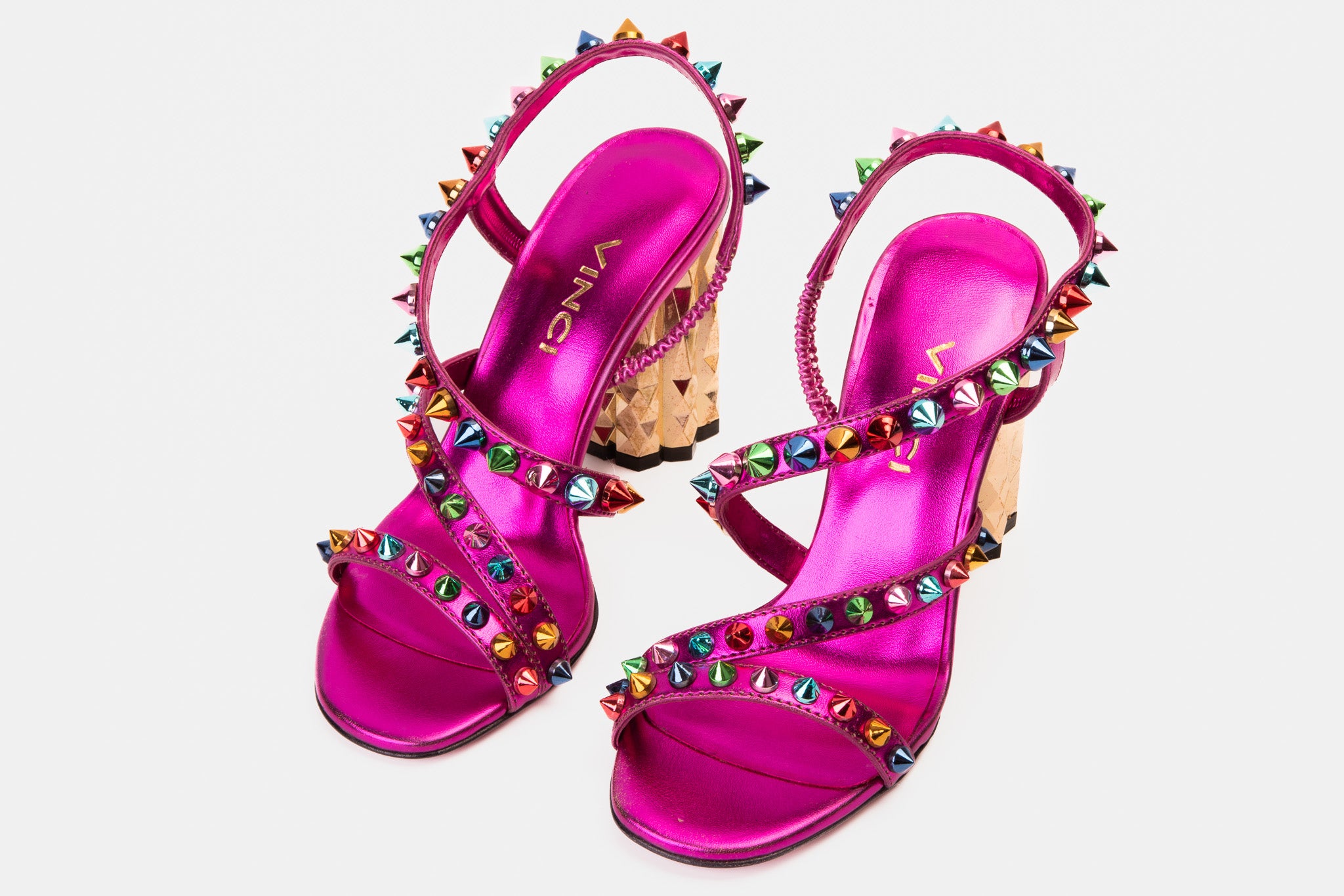 The Caris Fuchsia Block Heel Spike Leather Women Sandal Vinci Leather Shoes