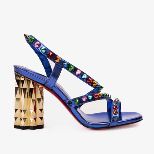 The Caris Sax Blue Block Heel Spike Leather Women Sandal