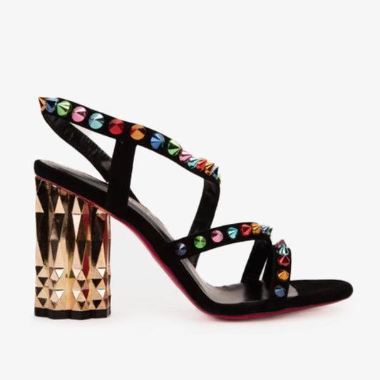 The Caris Black Block Heel Spike Leather Women Sandal