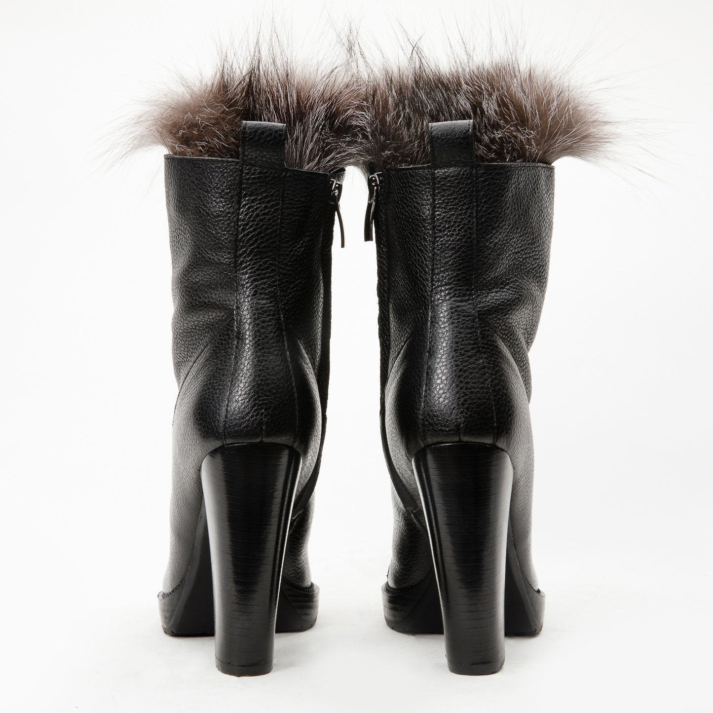The Melo Black Leather Natural Fur Mid Calf Platform Heel Women Boot