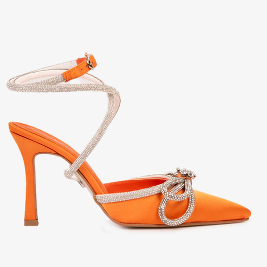 ¡Venta Final de las Sandalias de Mujer Floransa de Cuero Naranja con Punta Puntiaguda y Correa al Tobillo!