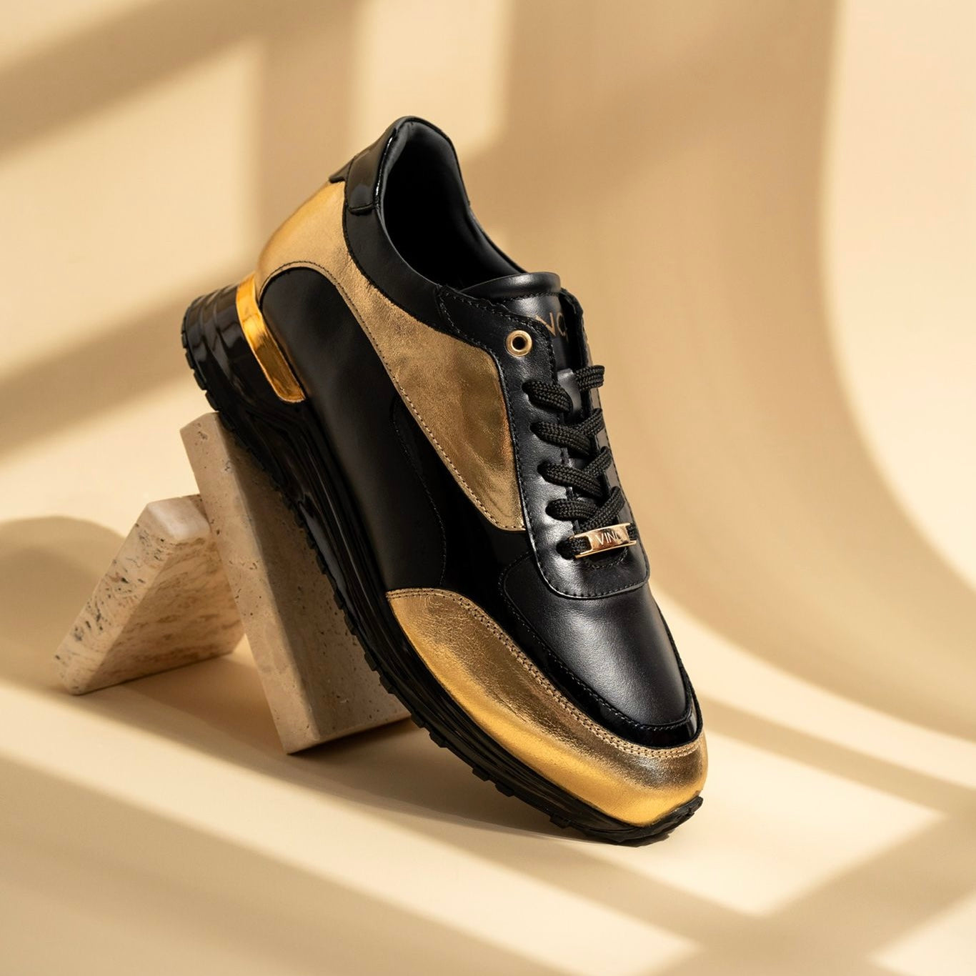 The Arda Black & Gold Leather Men Sneaker