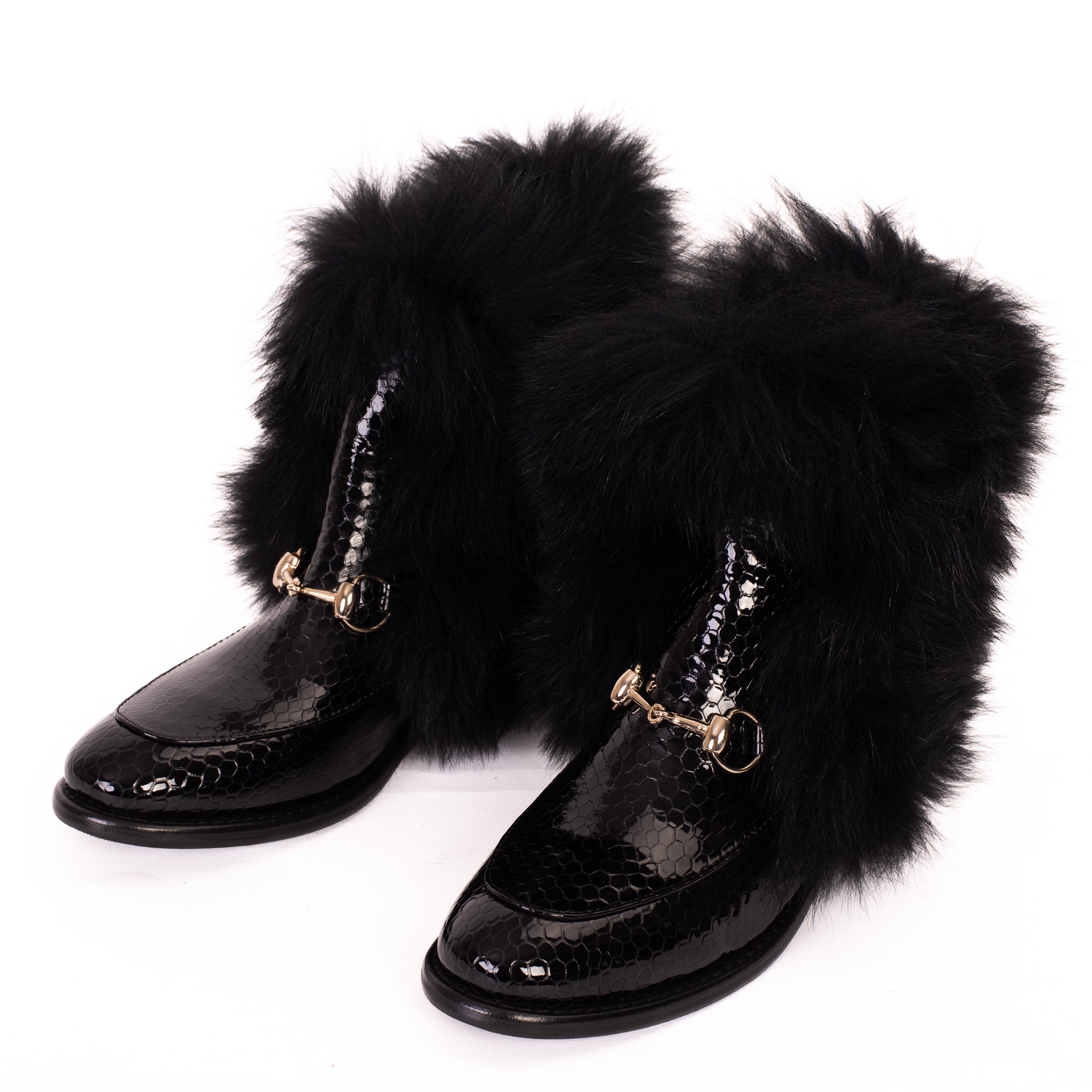 Black leather boots cheap with fur