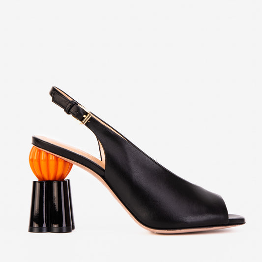 The Cimla Pumpkin Heel Black Leather Women Sandal