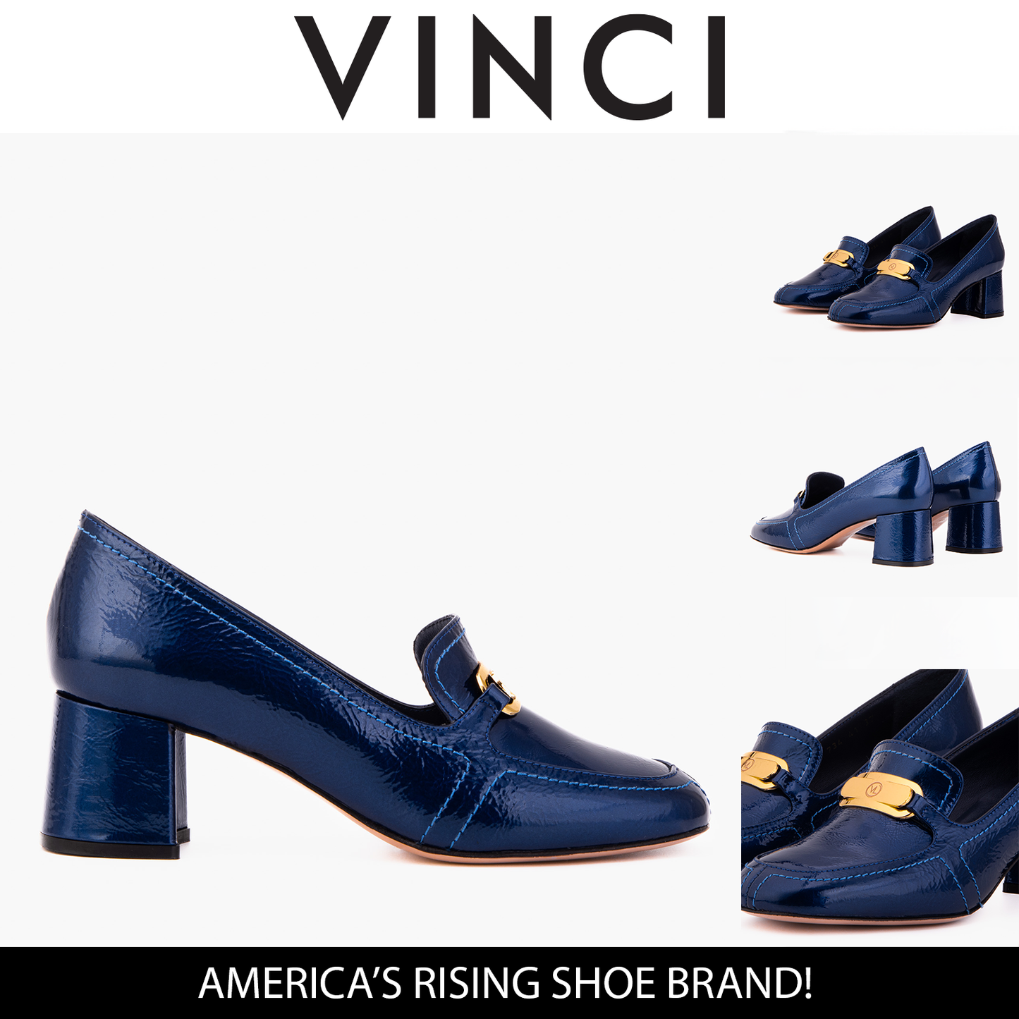 The Victoria Navy Blue Leather Block Heel Pump Women Shoe