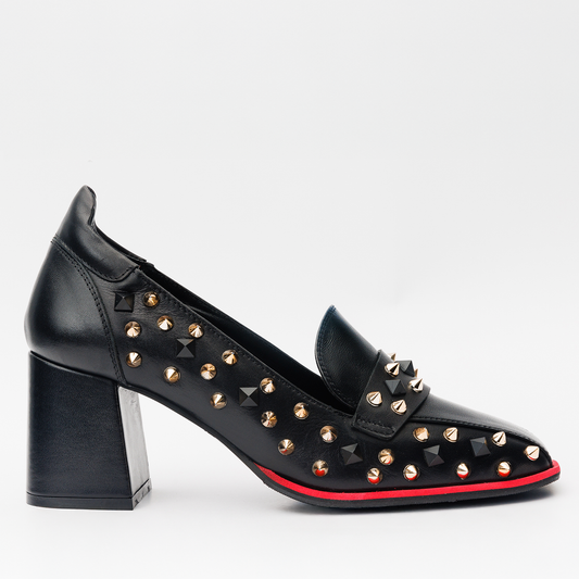 The Infanta Black Spike Leather Block Heel Pump Women Shoe