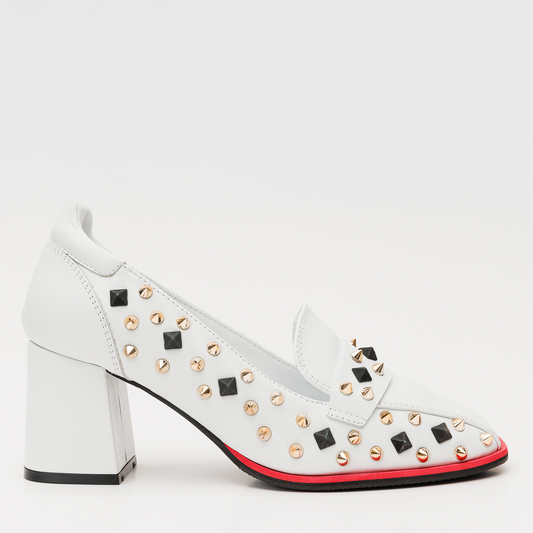 The Infanta White Spike Leather Block Heel Pump Women Shoe