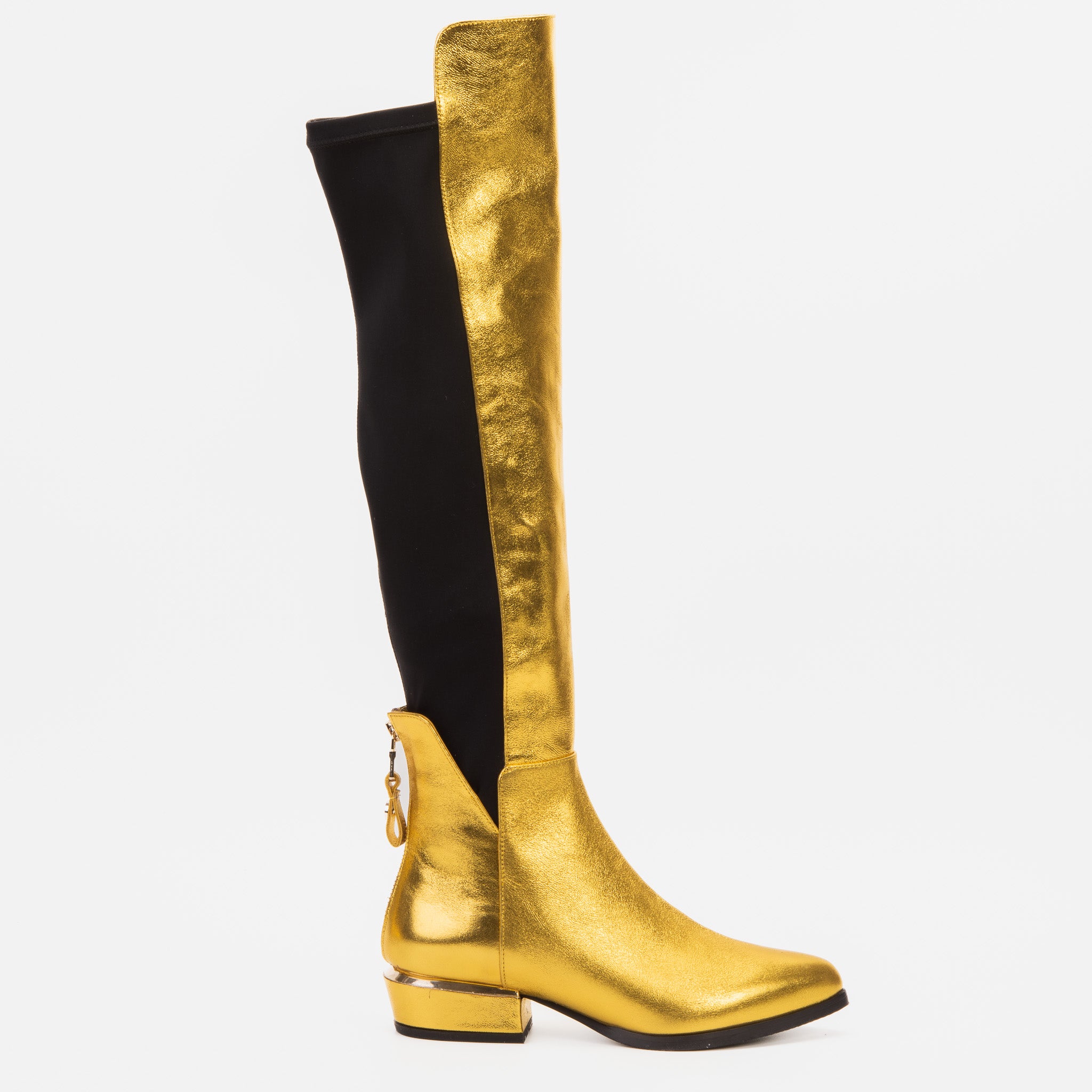 The Fairoks Gold Leather Pointy Toe Knee High Women Boot