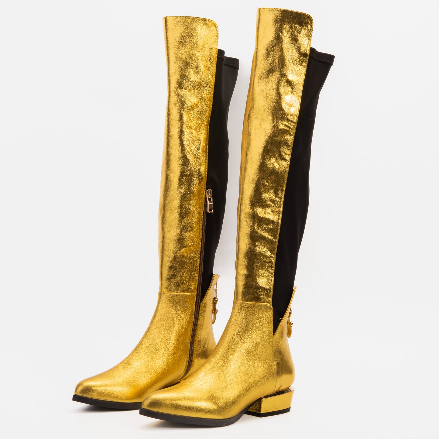 The Fairoks Gold Leather Pointy Toe Knee High Women Boot