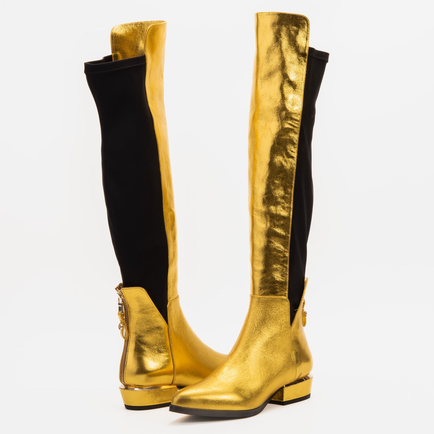 The Fairoks Gold Leather Pointy Toe Knee High Women Boot