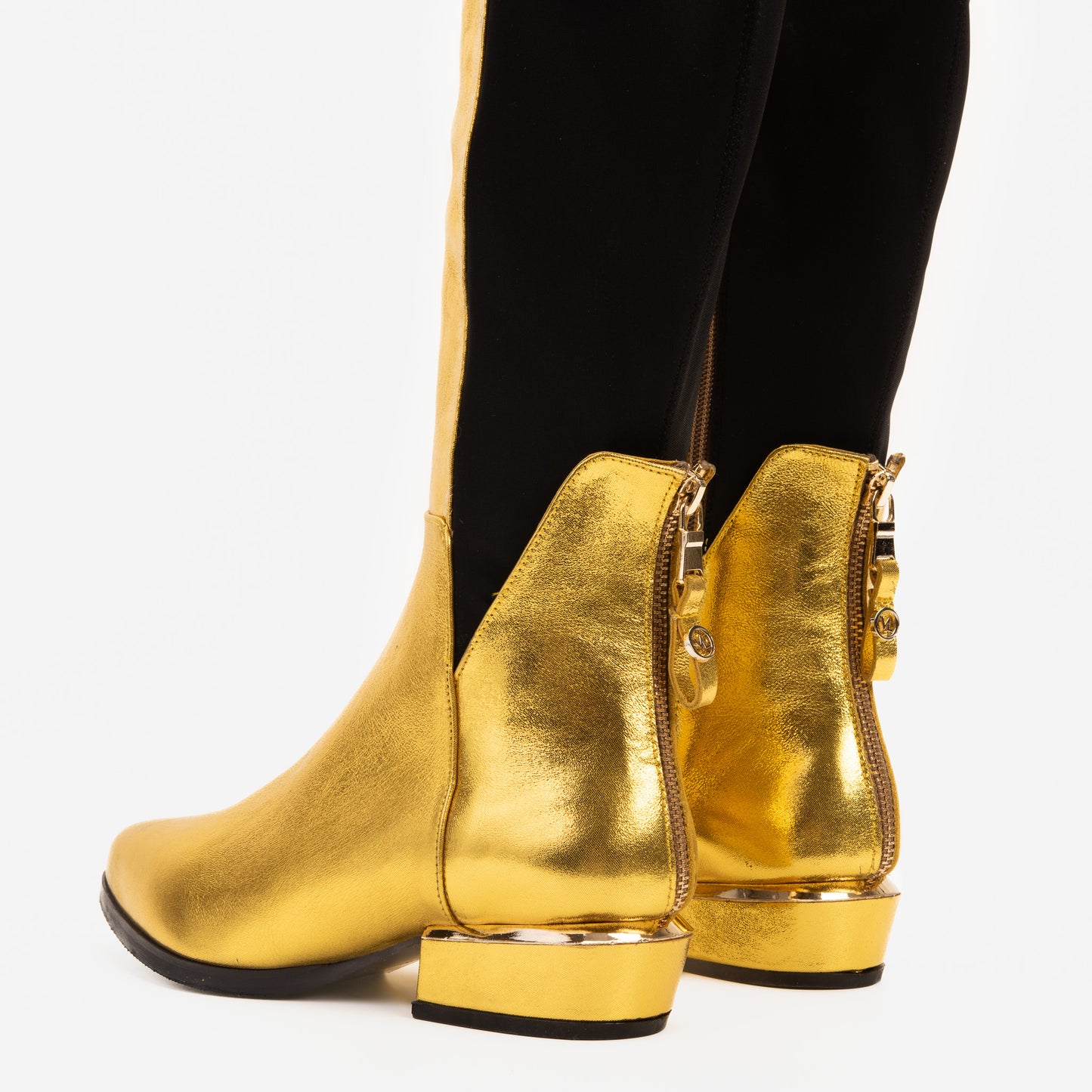 The Fairoks Gold Leather Pointy Toe Knee High Women Boot