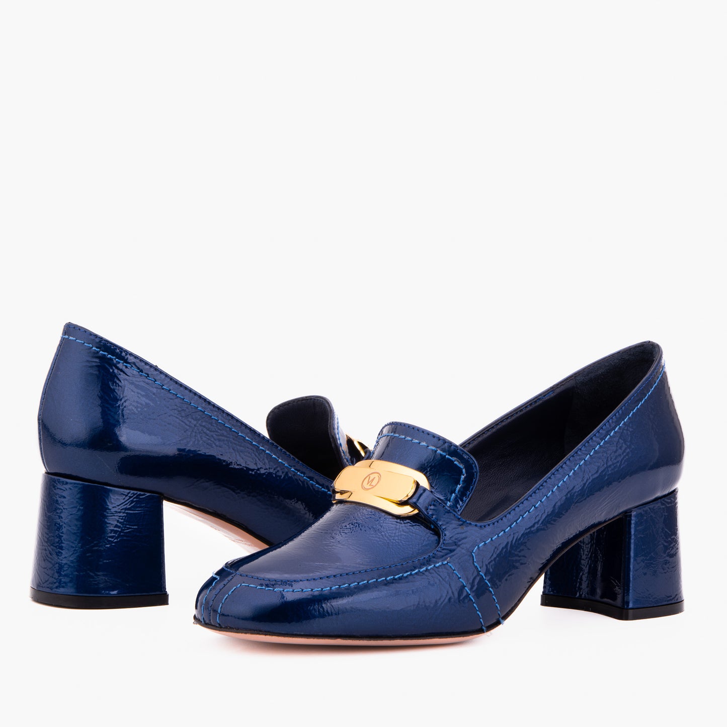 The Victoria Navy Blue Leather Block Heel Pump Women Shoe