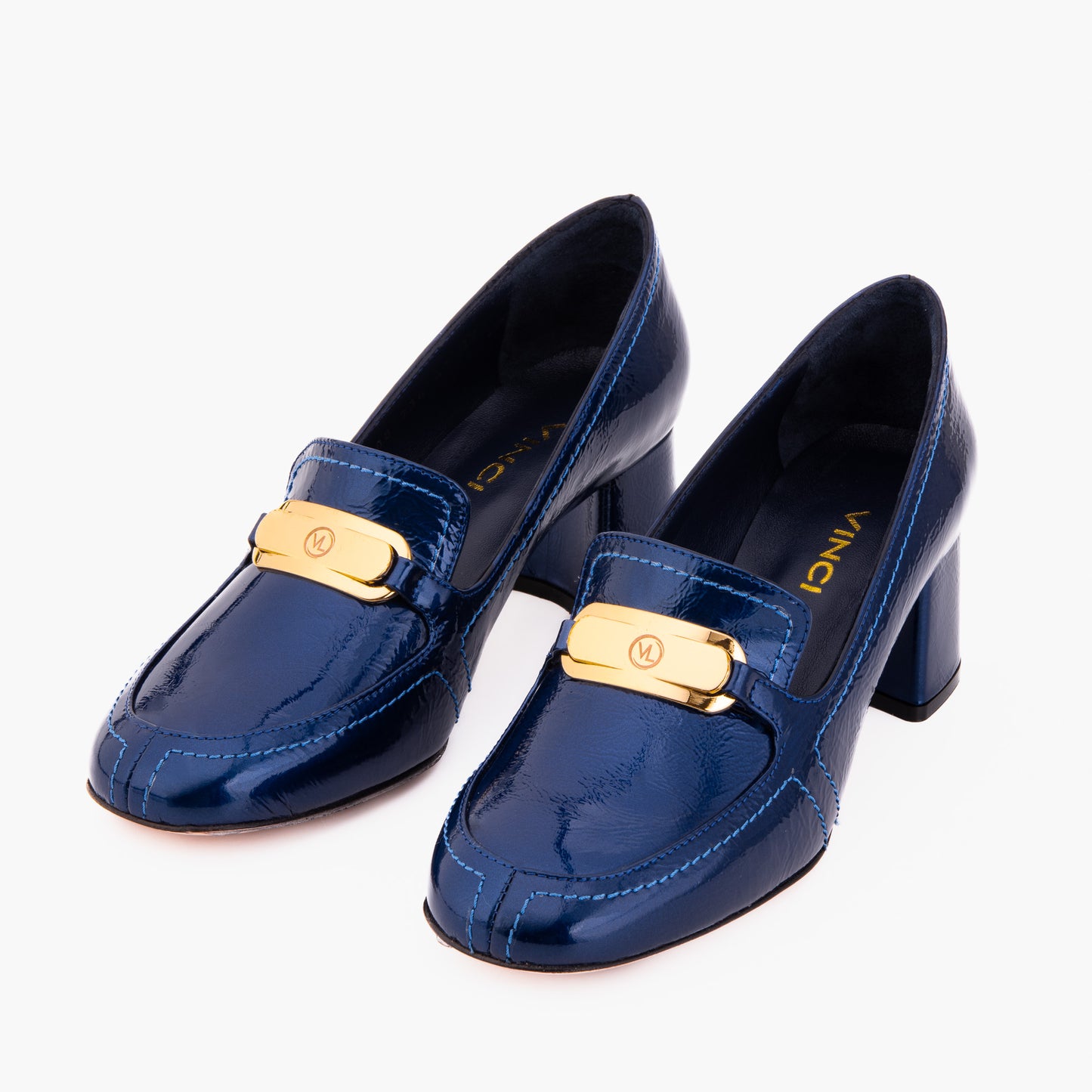 The Victoria Navy Blue Leather Block Heel Pump Women Shoe