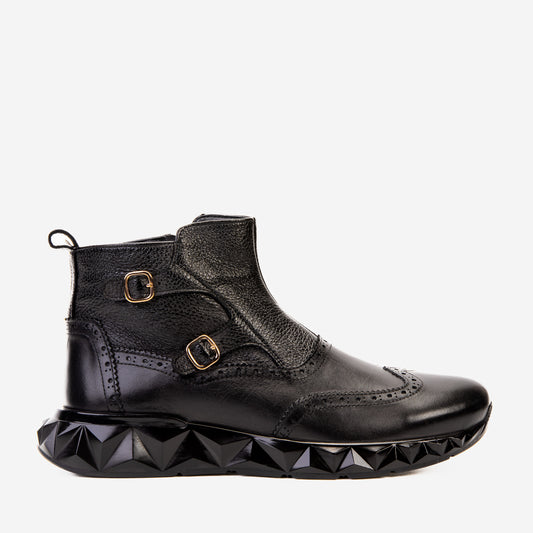 The Stealth Wingtip Buckle Black Leather Men Boot