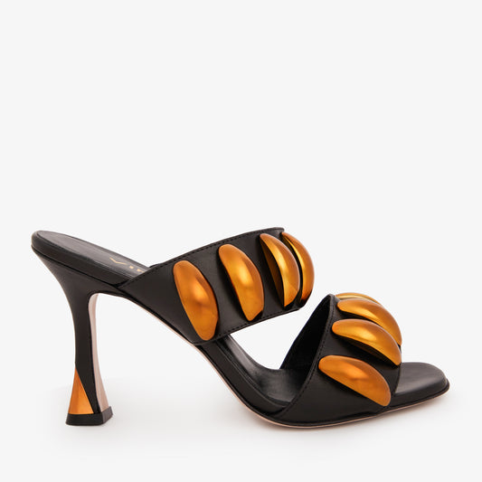 The Wharf Black & Gold Leather Women Sandal