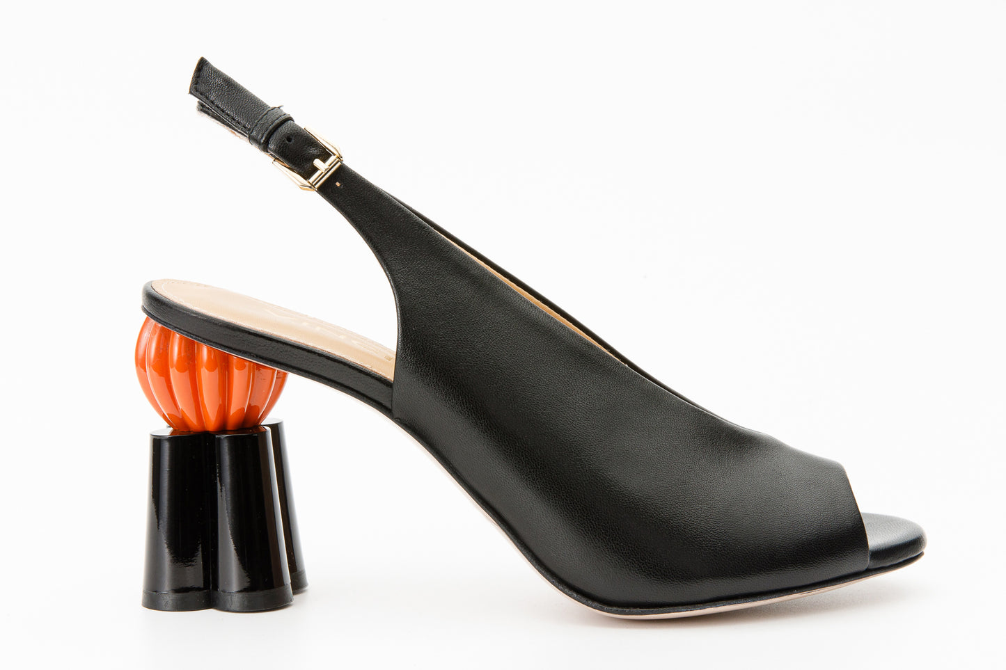 The Cimla Pumpkin Heel Black Leather Women Sandal