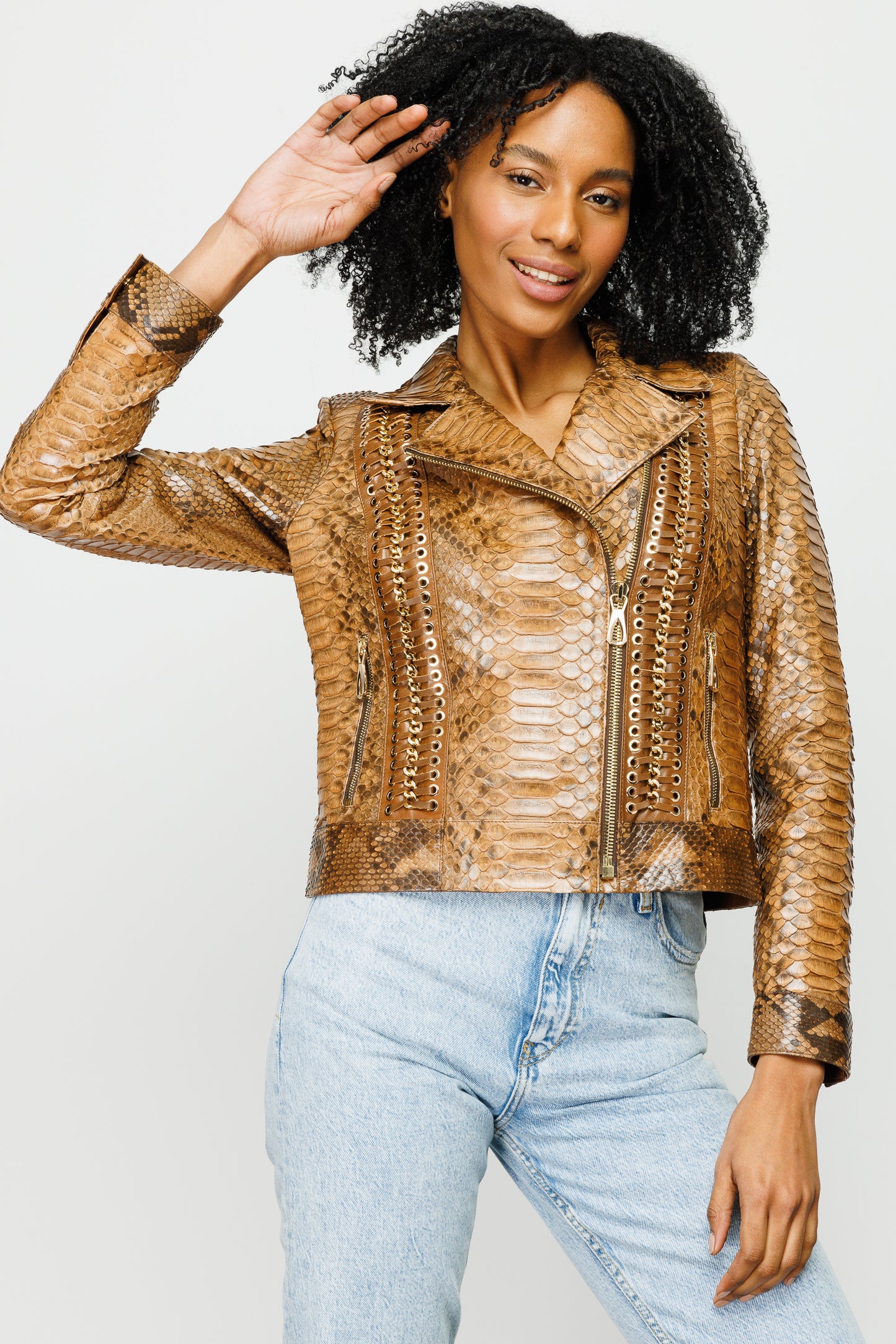 The Nayro Pythn Tan Leather Jacket