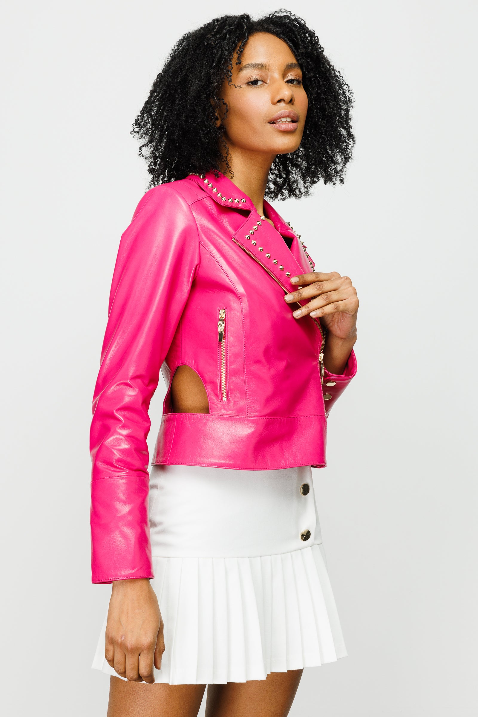 Fuchsia pink leather on sale jacket