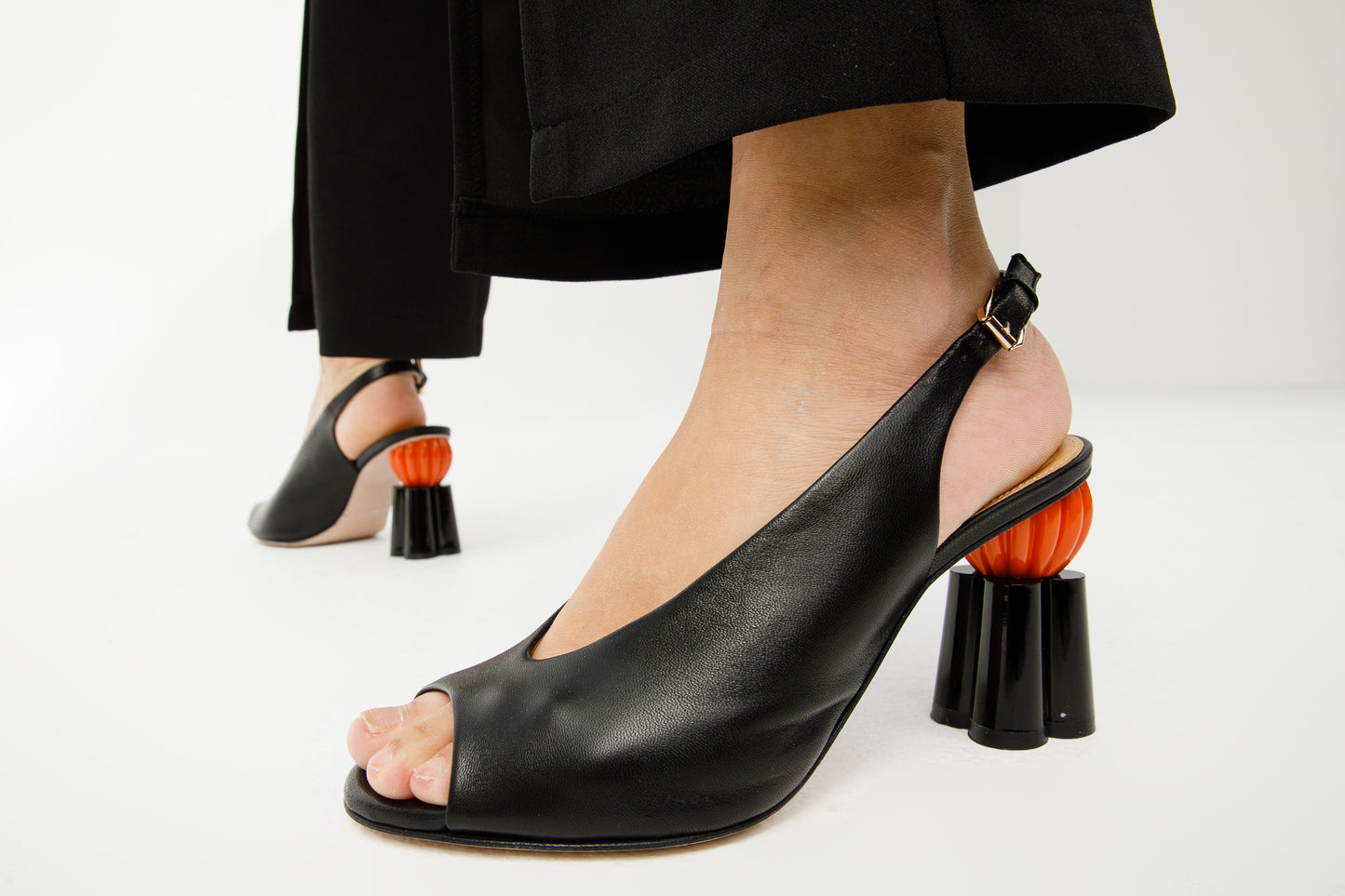 The Cimla Pumpkin Heel Black Leather Women Sandal