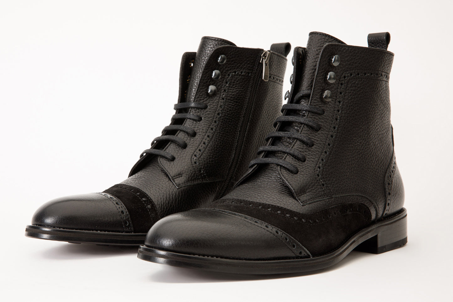 The Anderson Black Leather & Suede Brogue Lace-Up Men  Boot with a Zipper