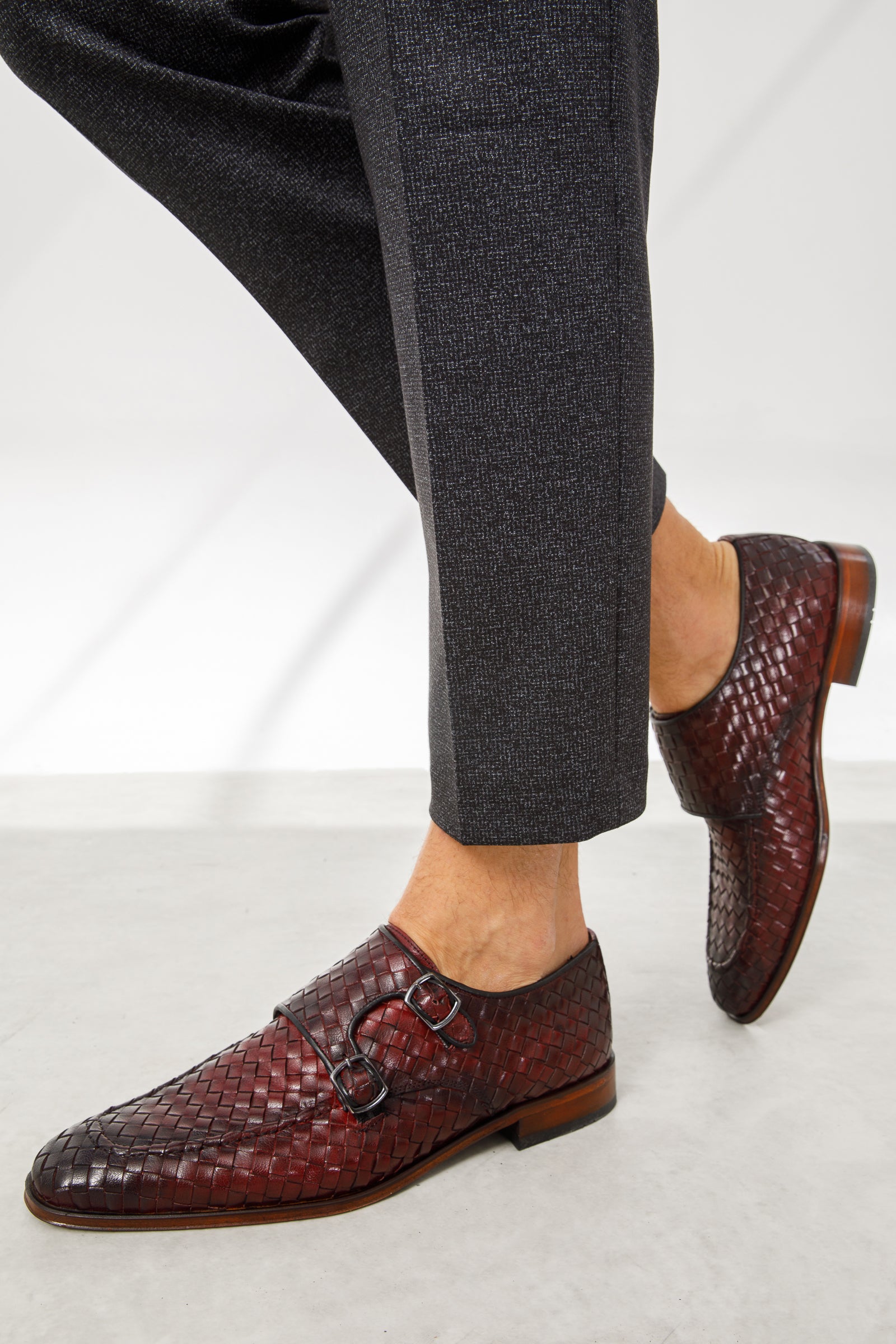 The Turan Burgundy Woven Double Monk Strap Dress Men Shoe